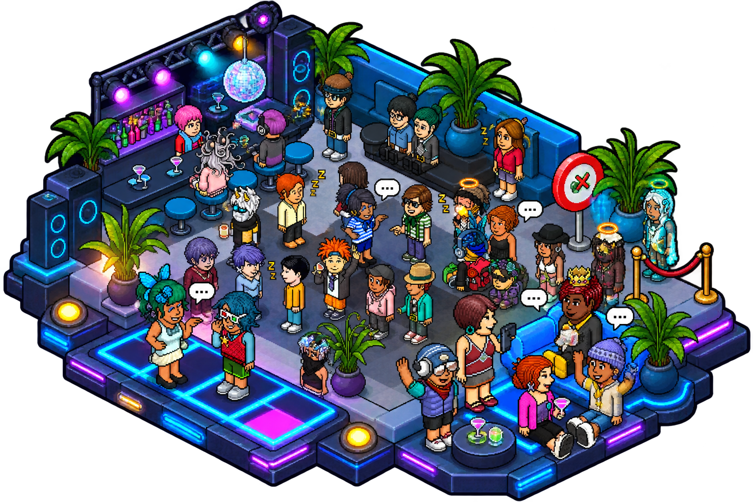 A packed lounge room aboard Lovvo - avatars dancing, chatting and hanging out together