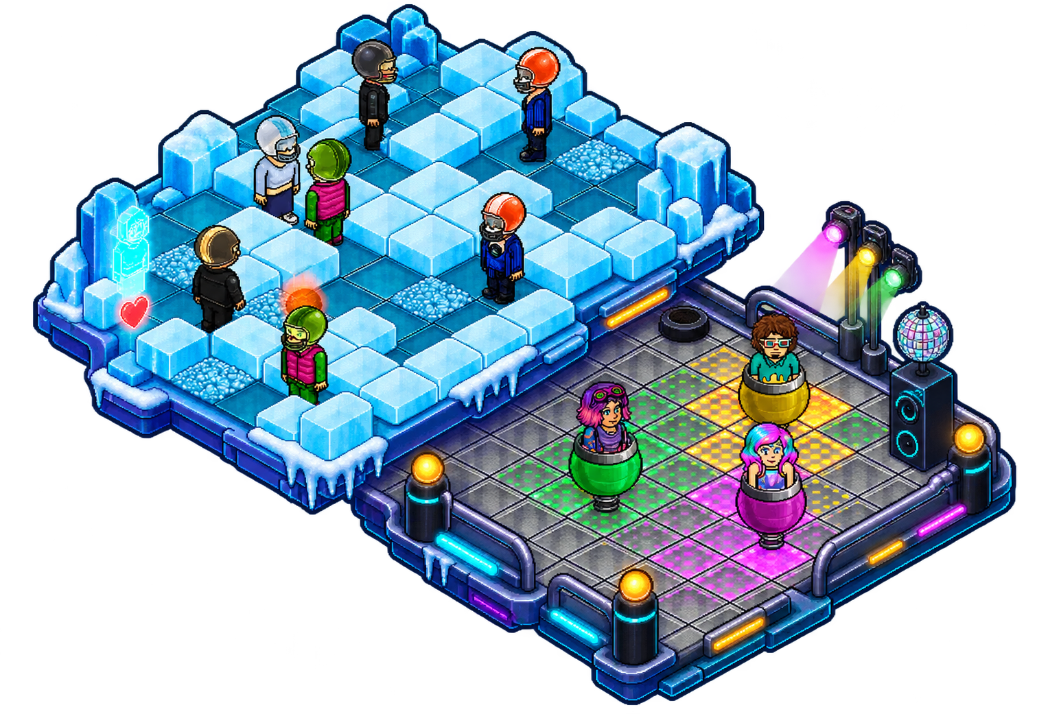 Mini-game rooms aboard Lovvo - an icy tile-hop game and a neon bumper-car dance floor